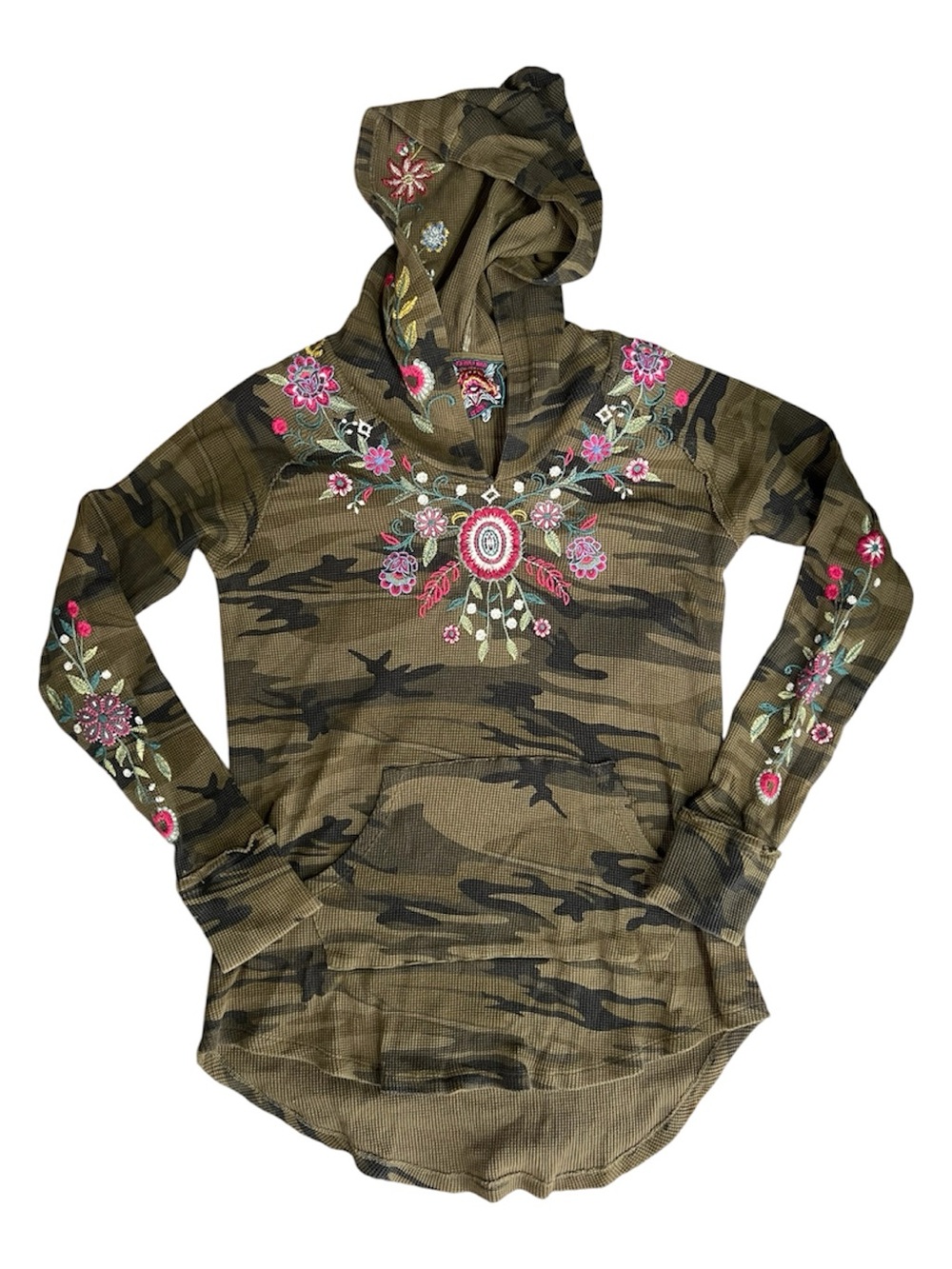 Johnny Was Waffle Thermal Embroidered Camo Hoodie Olive Green Floral